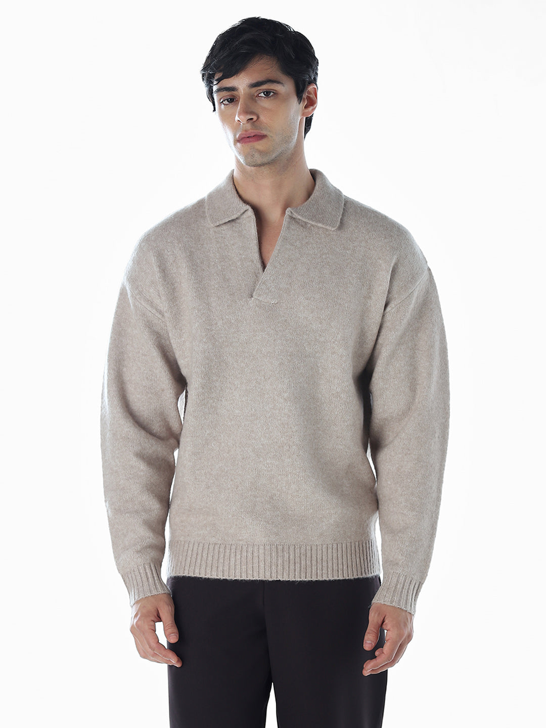 Split Neck Knit Oversized Polo - Beige