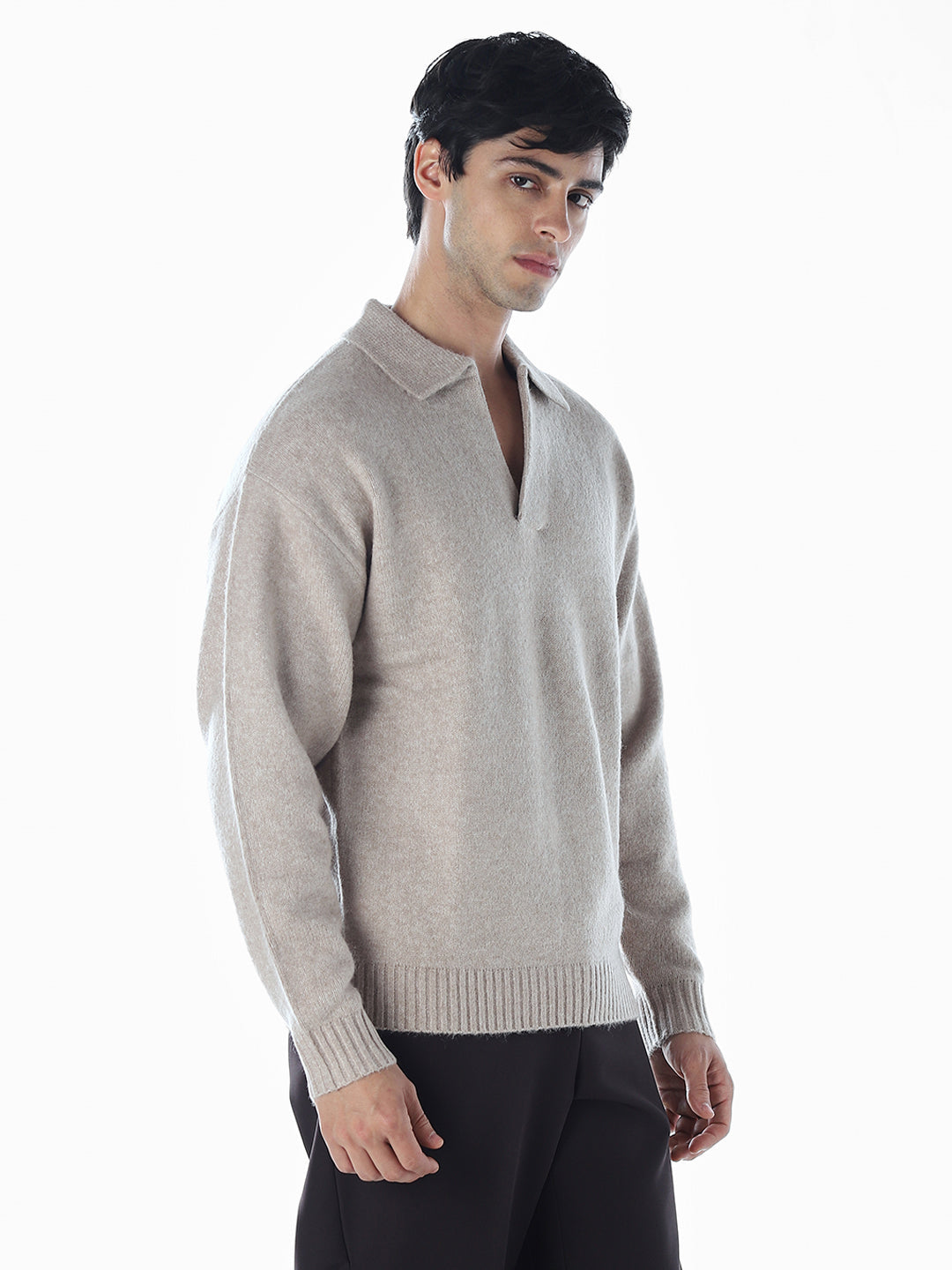 Split Neck Knit Oversized Polo - Beige