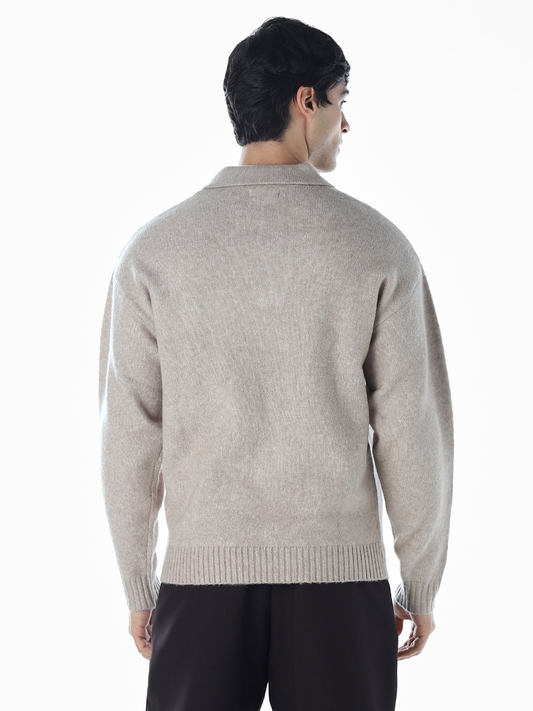 Split Neck Knit Oversized Polo - Beige