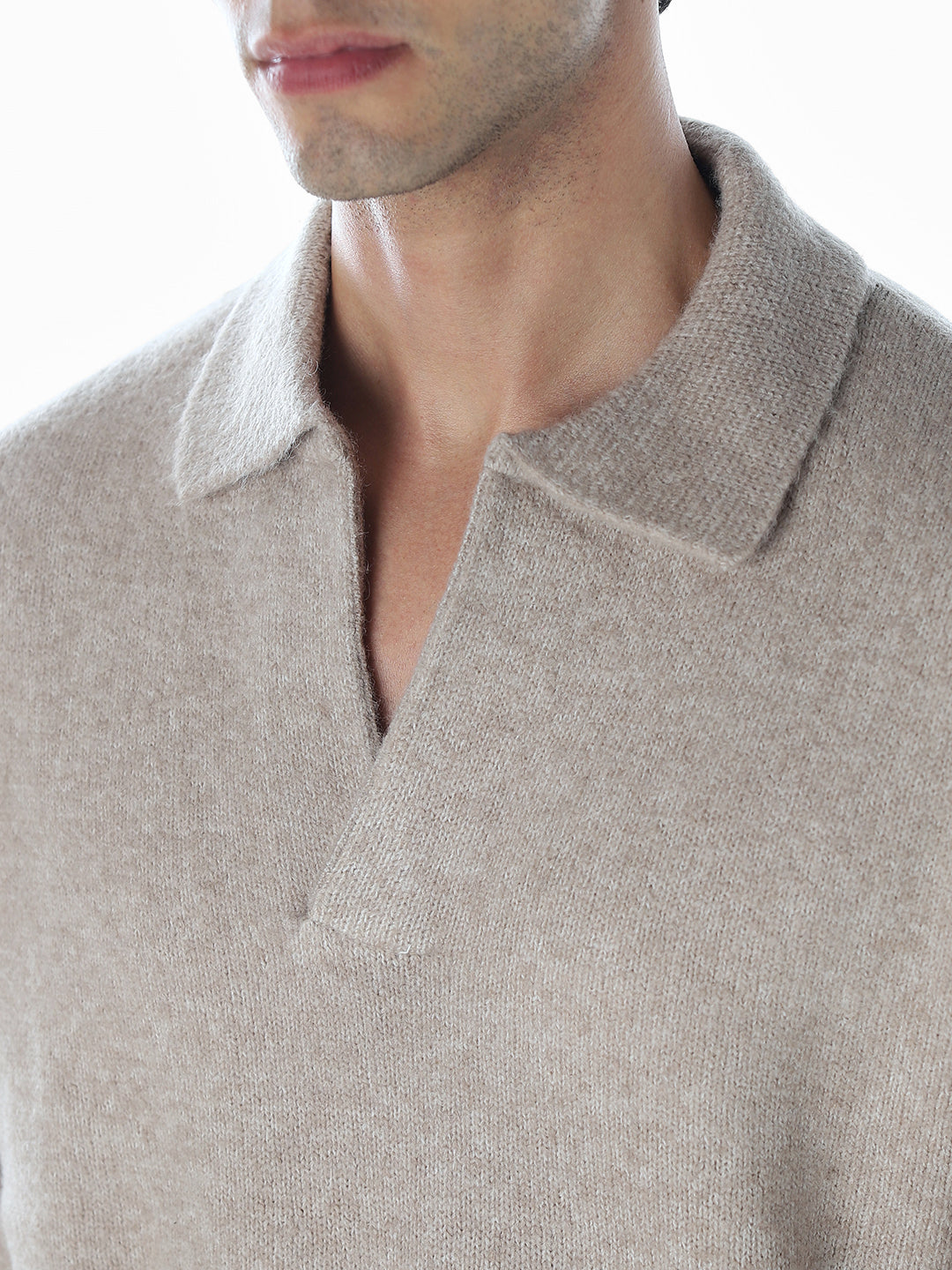 Split Neck Knit Oversized Polo - Beige