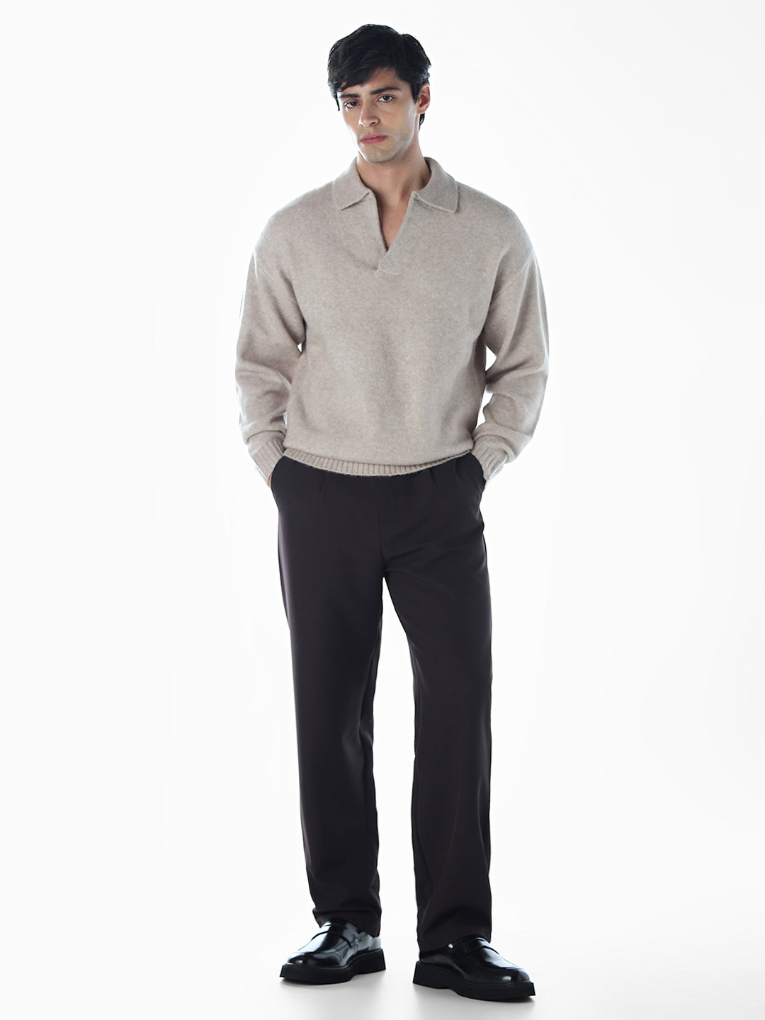 Split Neck Knit Oversized Polo - Beige