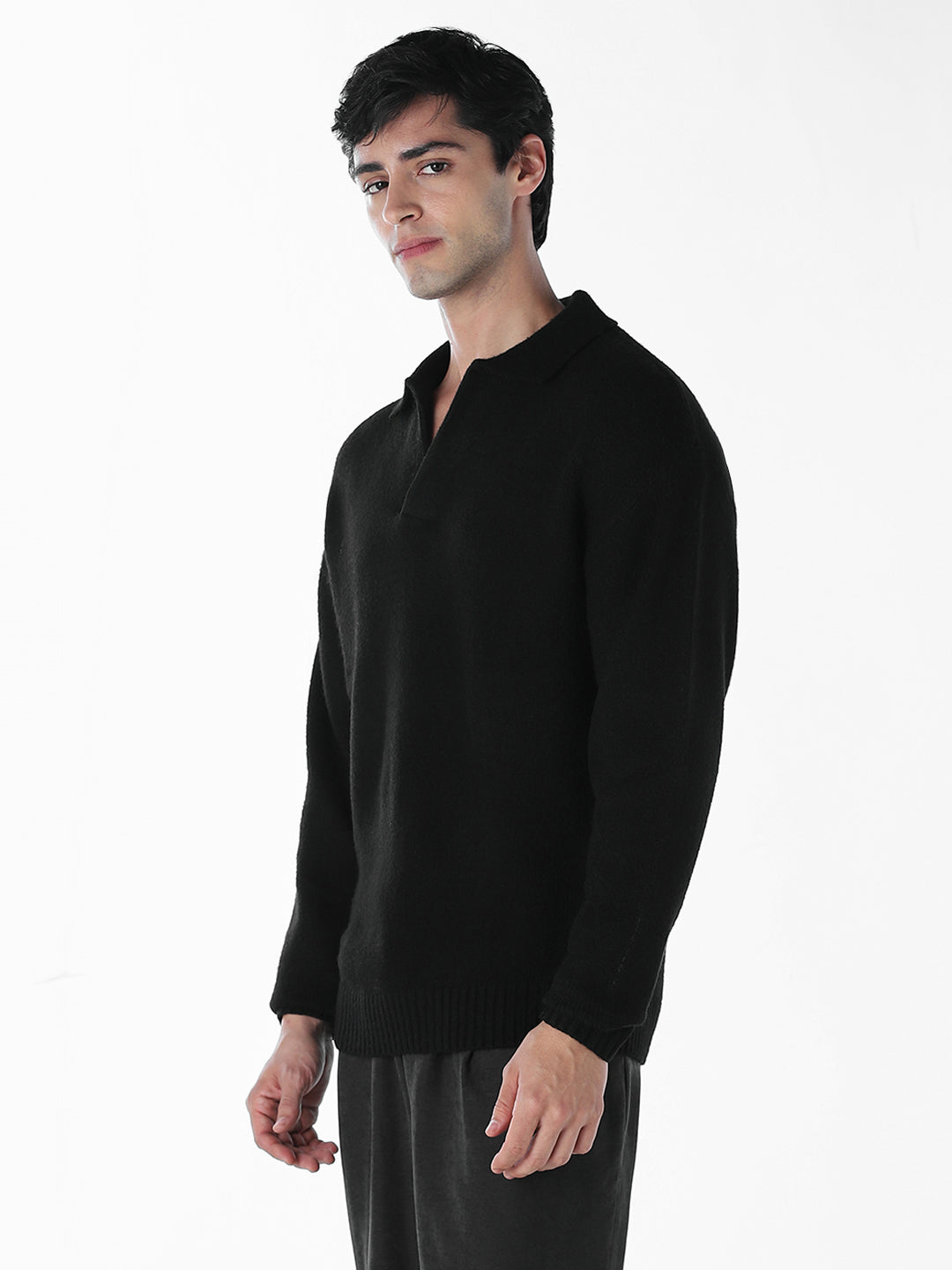 Split Neck Knit Oversized Polo - Black