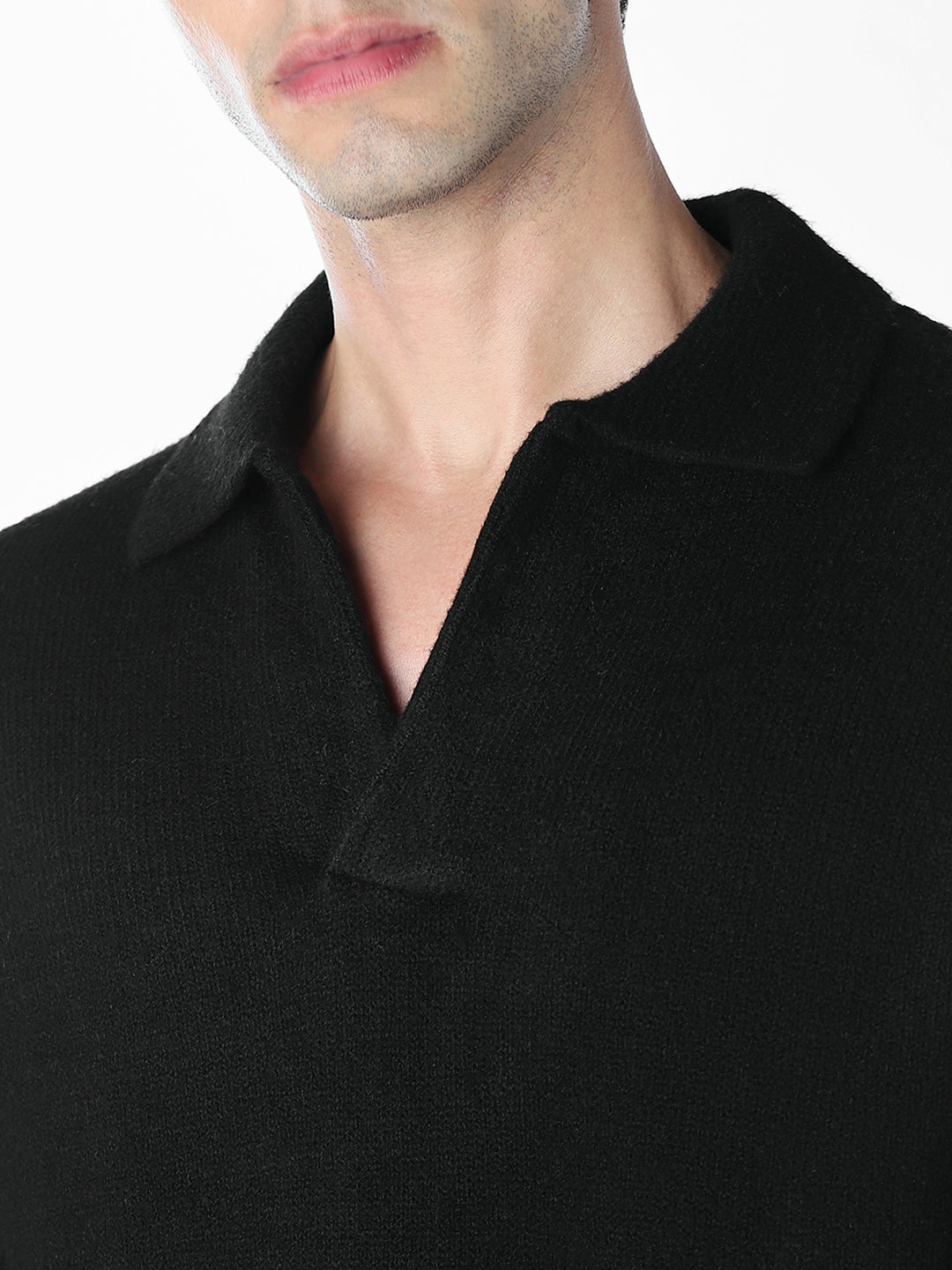 Split Neck Knit Oversized Polo - Black