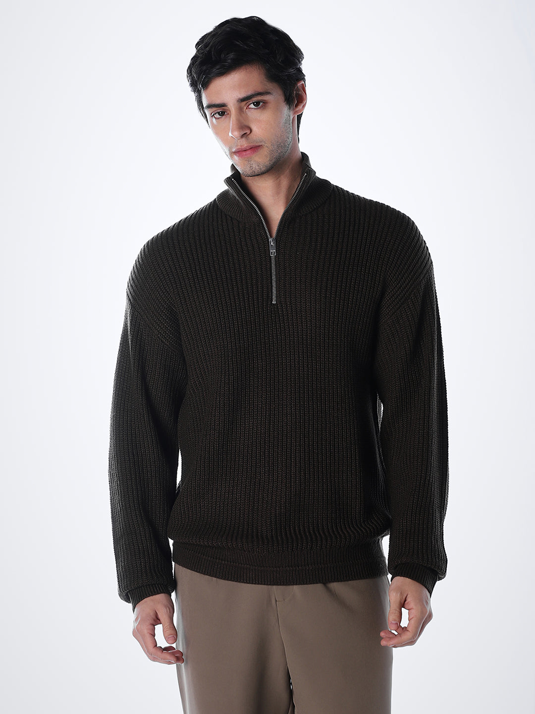 Half-Zip High Neck Pullover - Brown