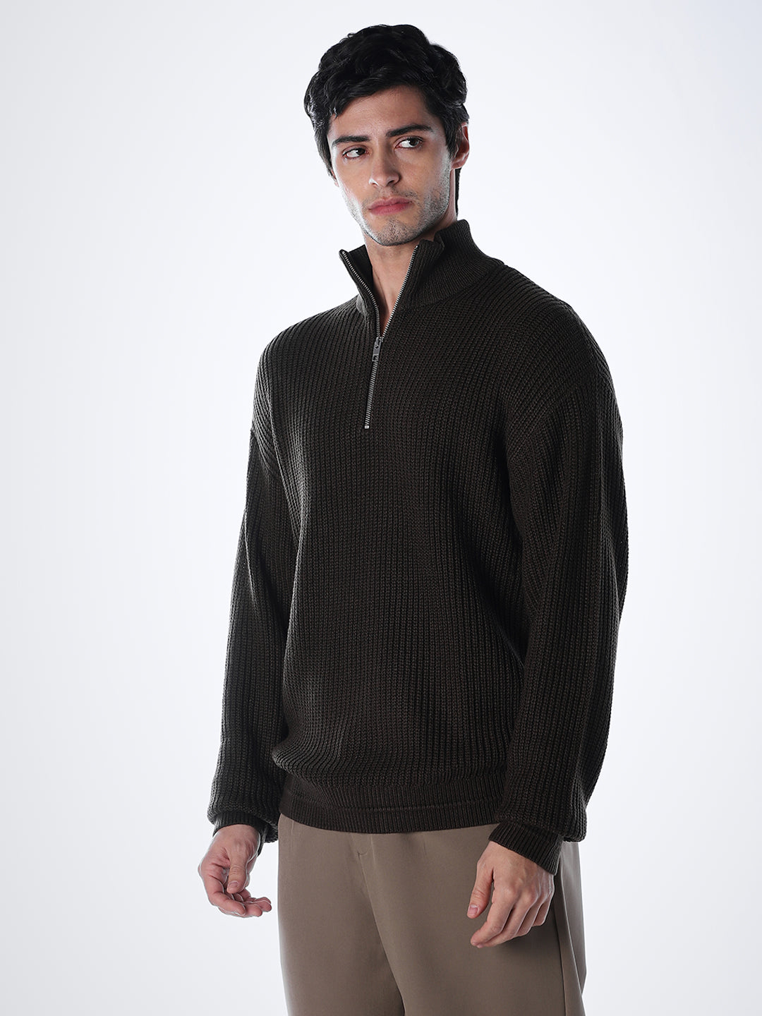 Half-Zip High Neck Pullover - Brown