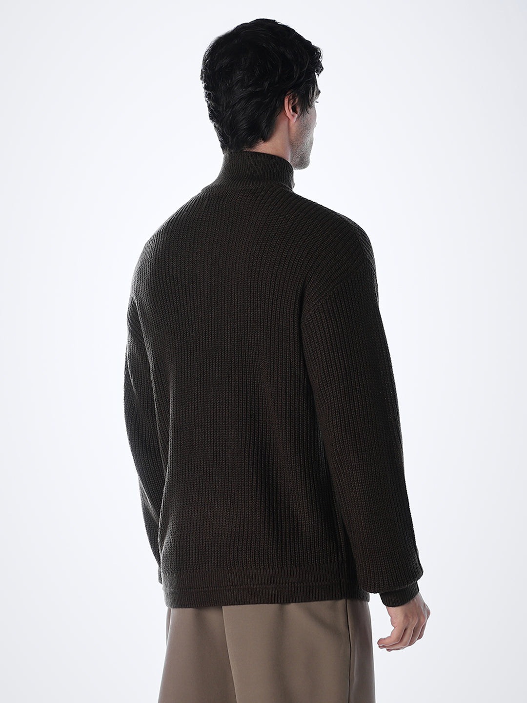Half-Zip High Neck Pullover - Brown