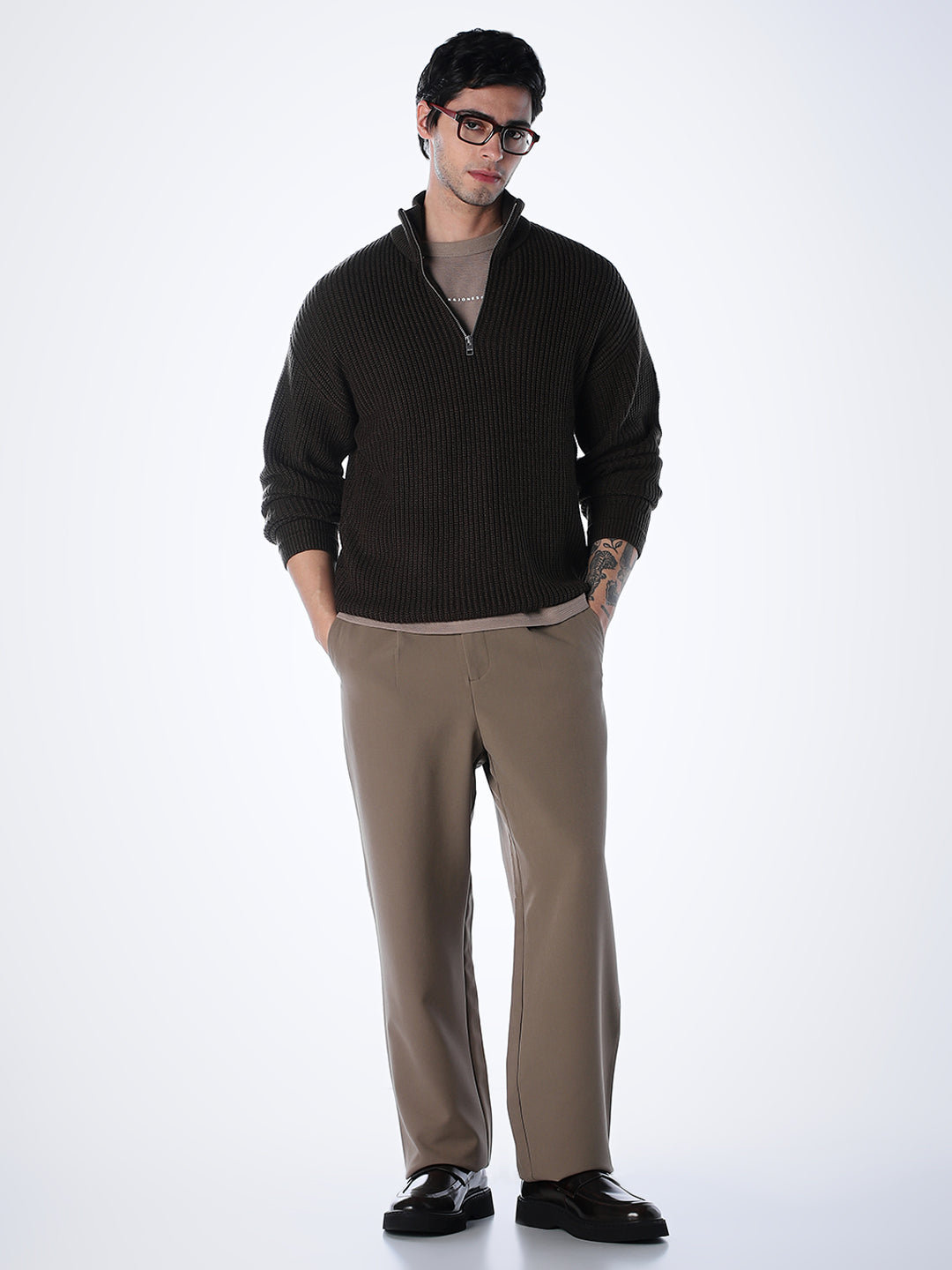 Half-Zip High Neck Pullover - Brown