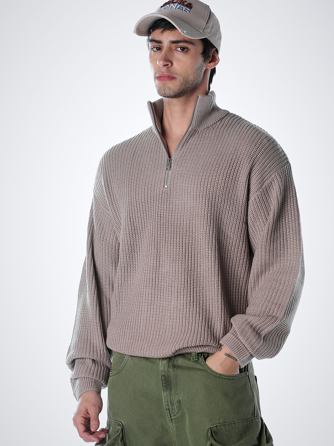 Half-Zip High Neck Pullover - Beige - XL
