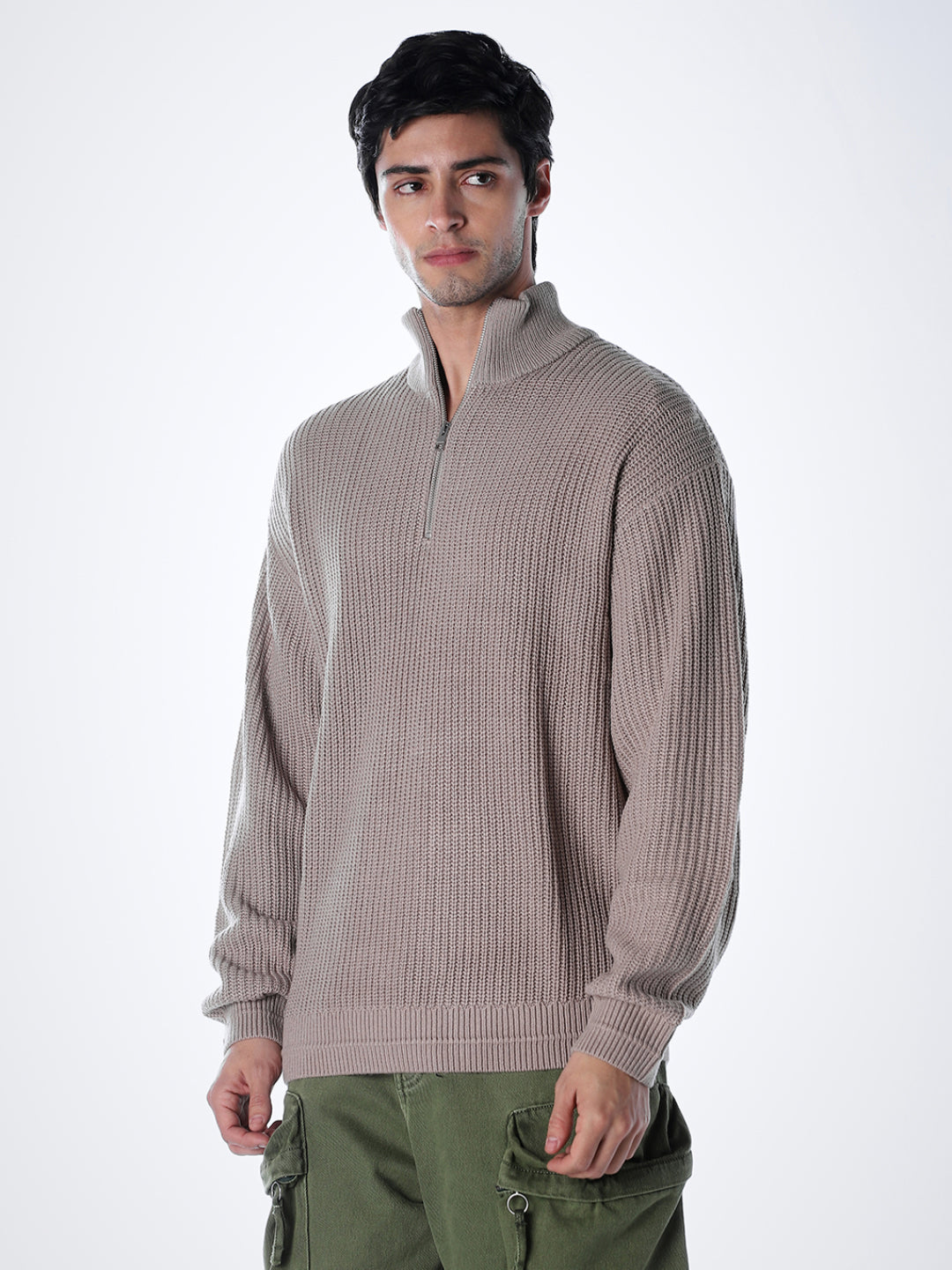 Half-Zip High Neck Pullover - Beige