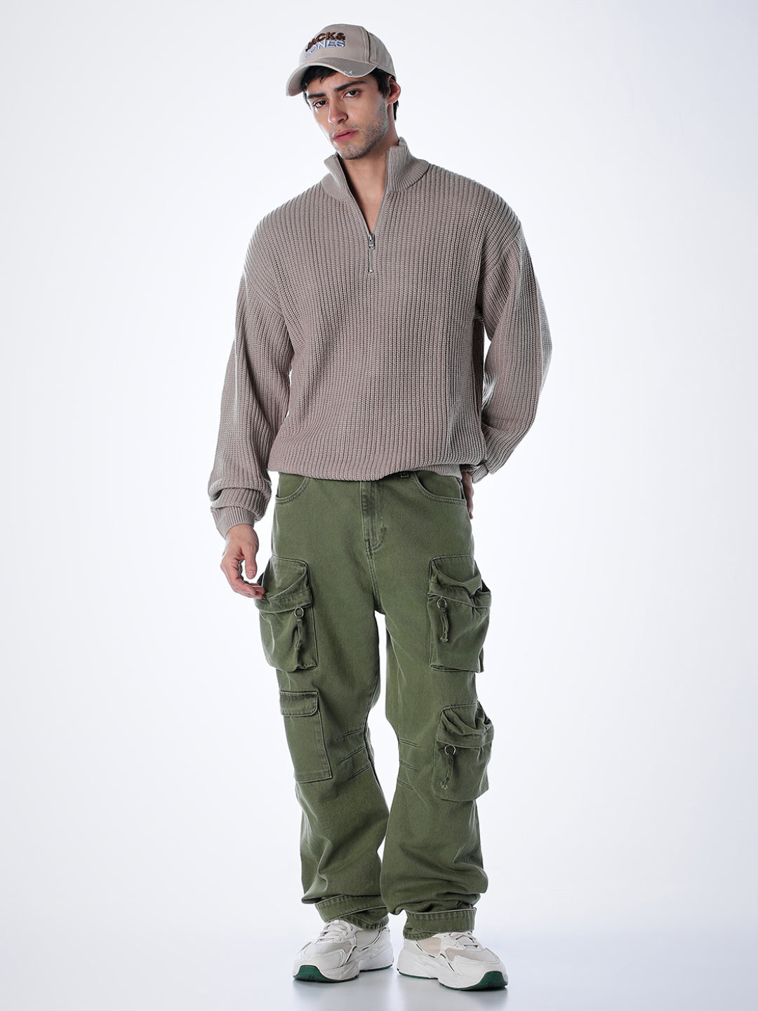 Half-Zip High Neck Pullover - Beige