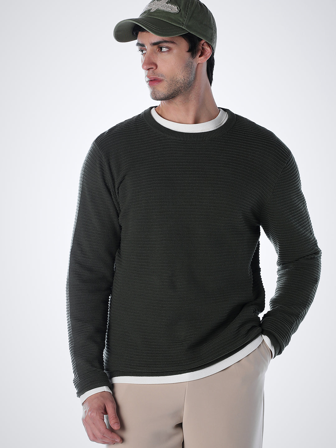 Crew Neck Cotton Knit - Green - S