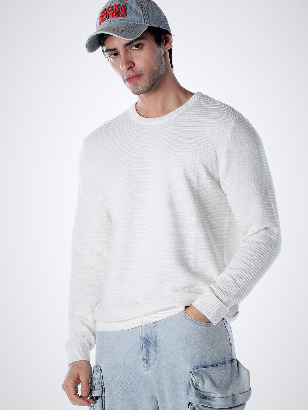 Crew Neck Cotton Knit - White - L