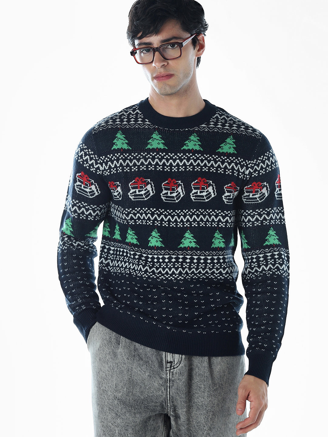 Printed Jacquard Crew Neck Pullover - S