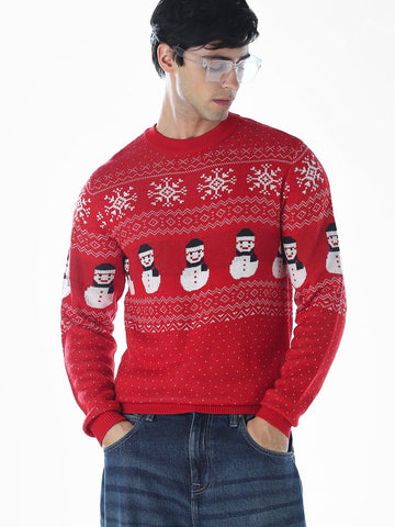 Printed Jacquard Crew Neck Pullover - Red