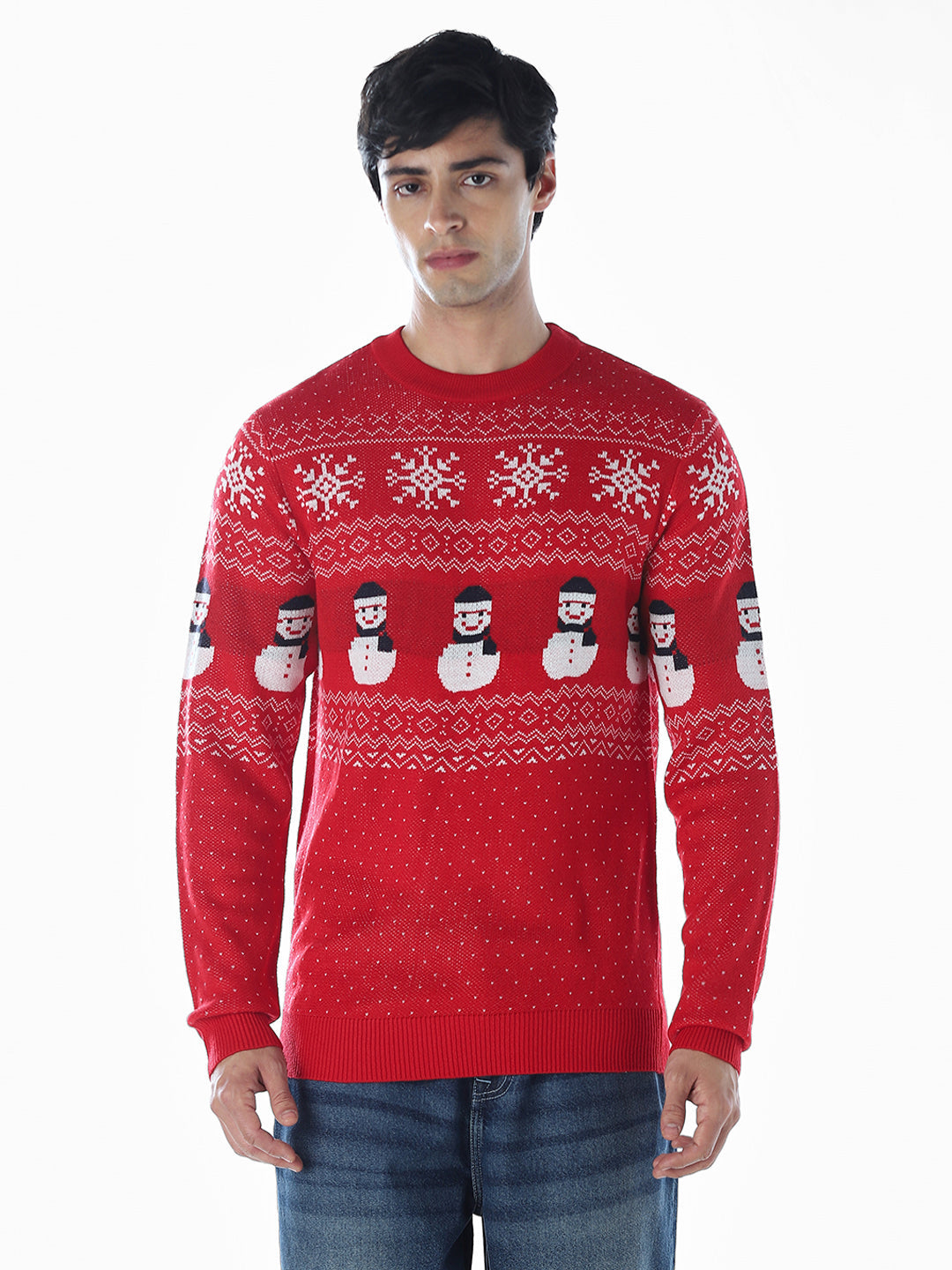 Printed Jacquard Crew Neck Pullover - Red