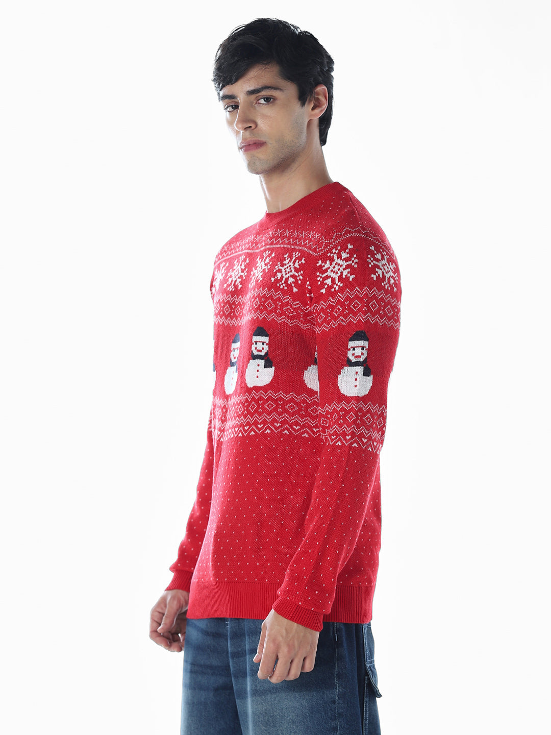 Printed Jacquard Crew Neck Pullover - Red