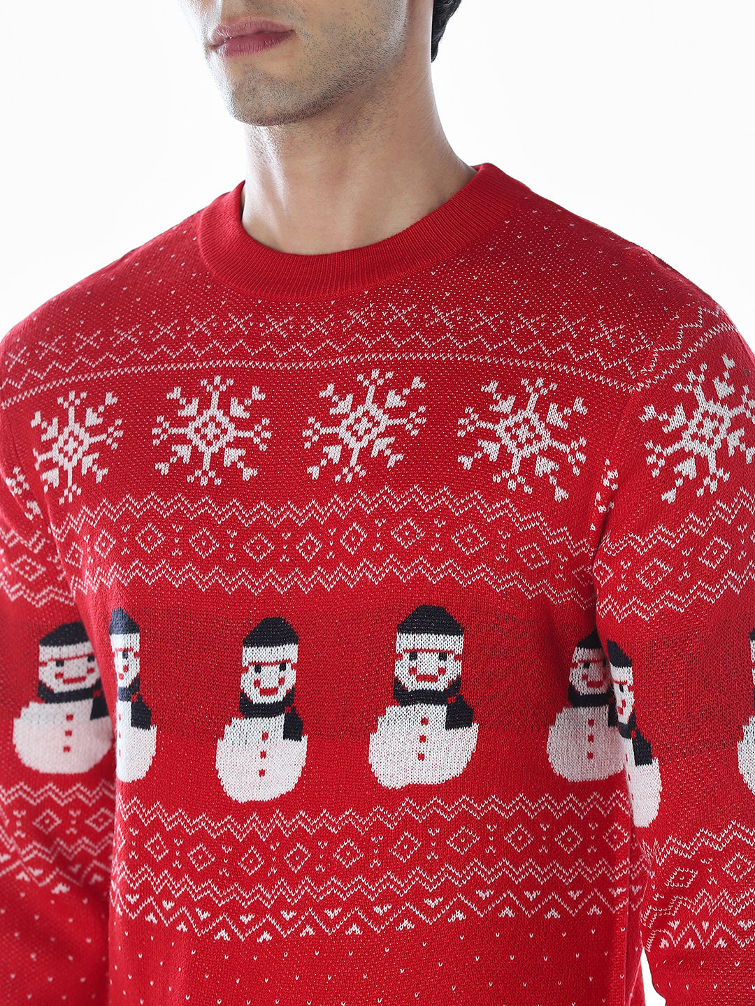 Printed Jacquard Crew Neck Pullover - Red