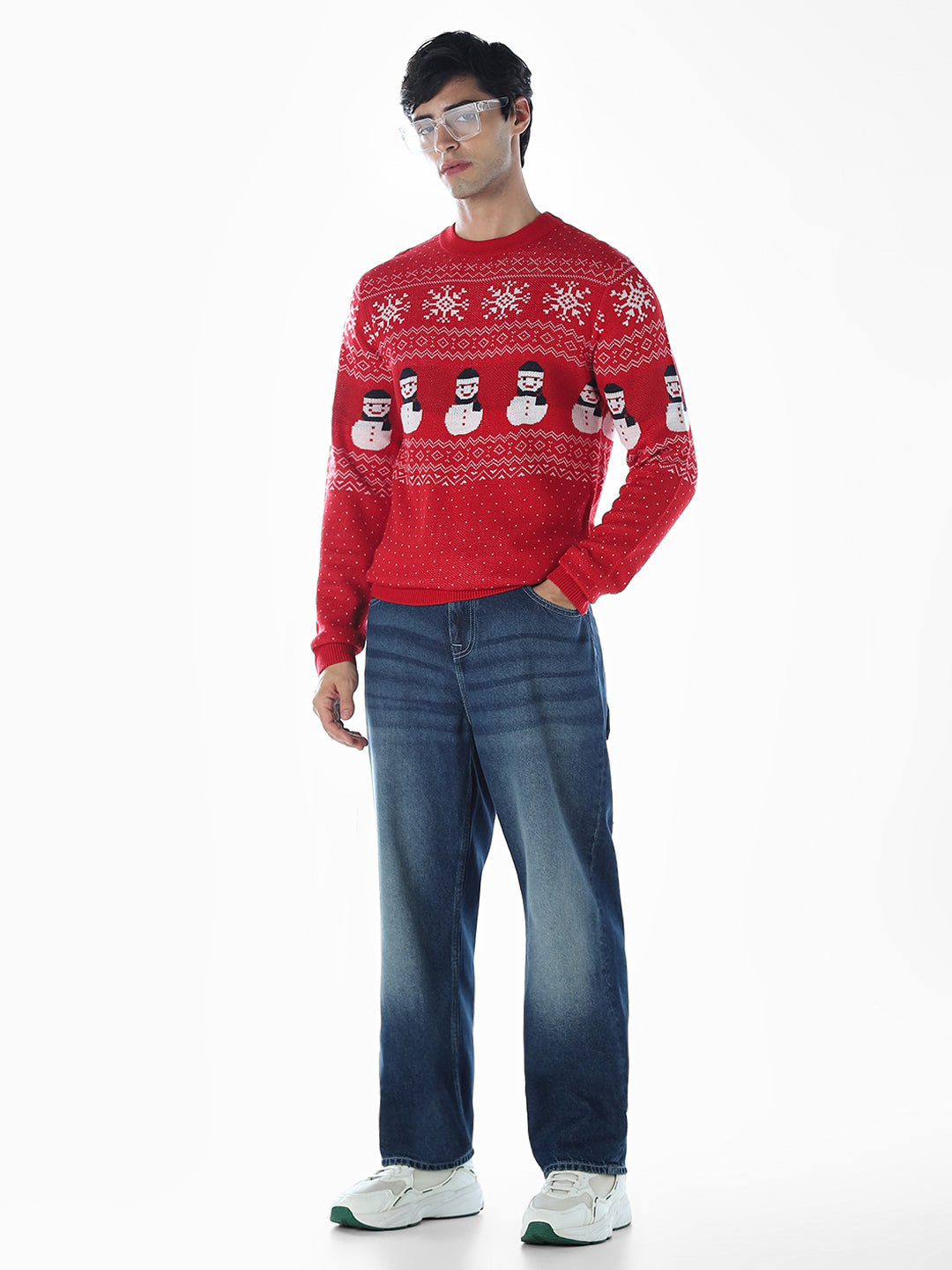 Printed Jacquard Crew Neck Pullover - Red