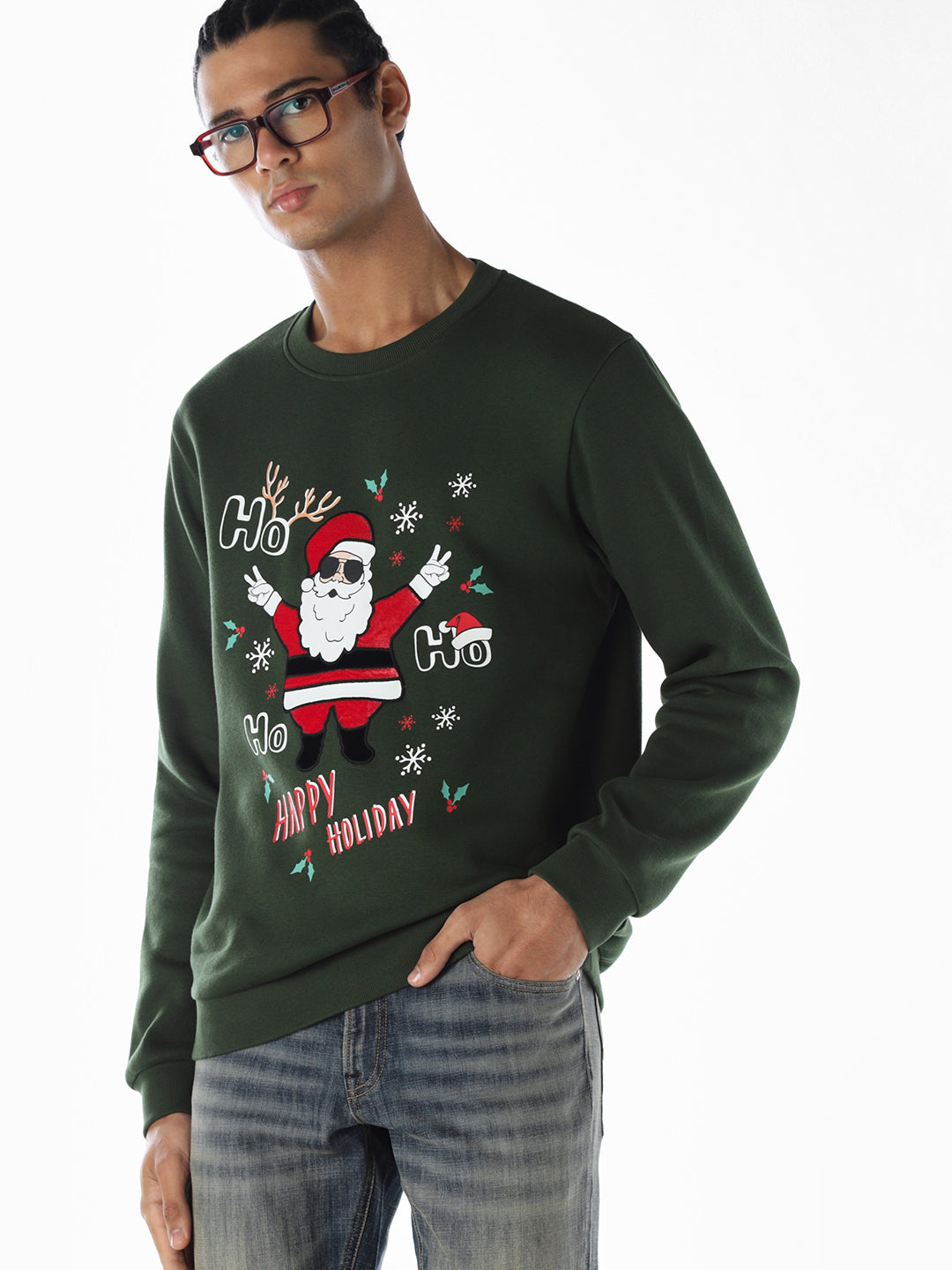 Santa Printed Sweatshirt - Green - S