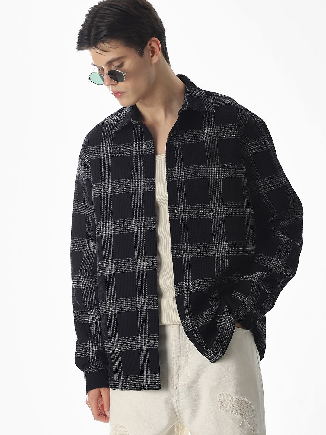 Black Waffle Check Cotton Shirt - S