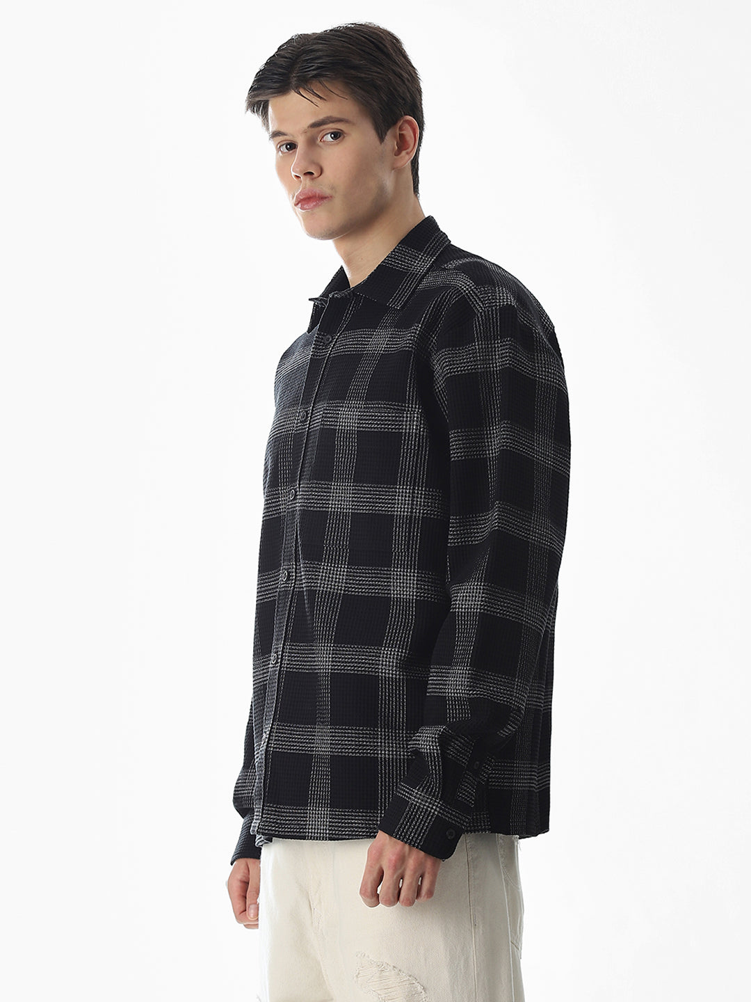 Black Waffle Check Cotton Shirt