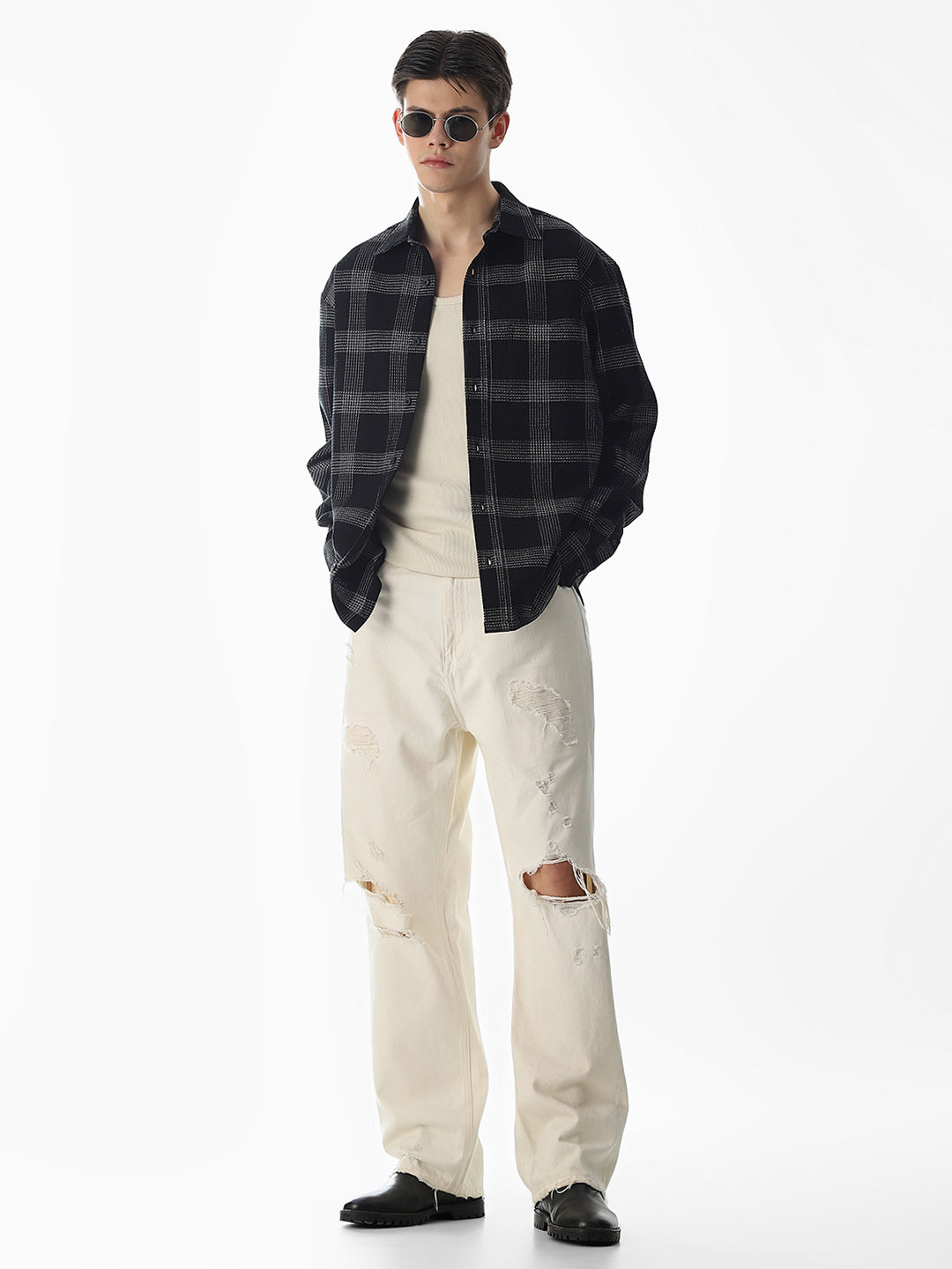 Black Waffle Check Cotton Shirt