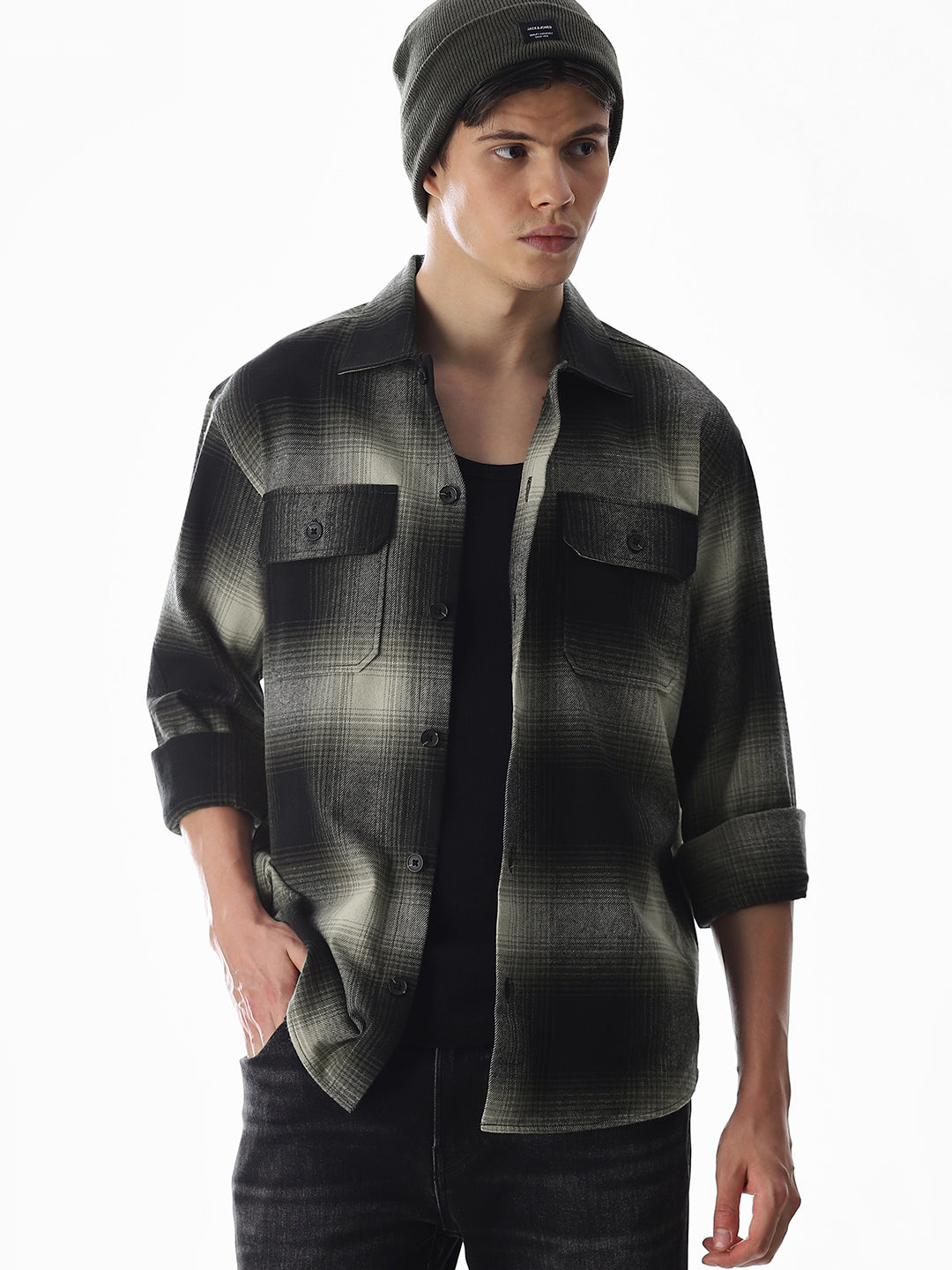 Check Oversized Overshirt - Dark Green - S