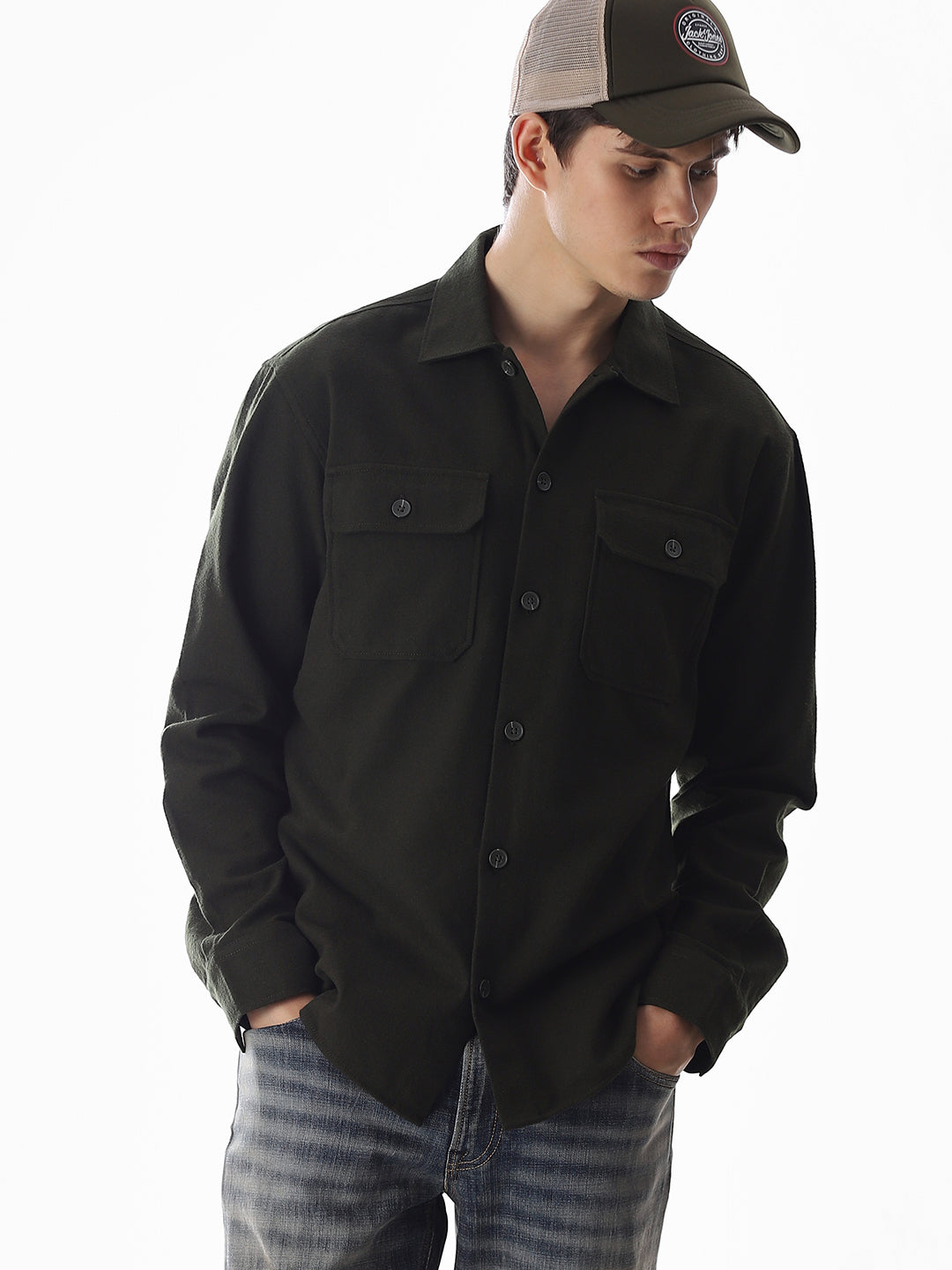 Men's Green Solid Oversized Shacket Shirt With Flap Pockets - S