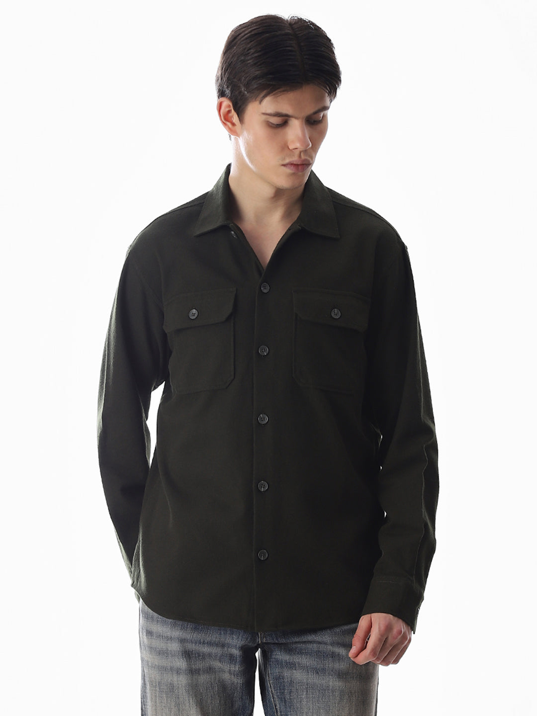 Men's Green Solid Oversized Shacket Shirt With Flap Pockets