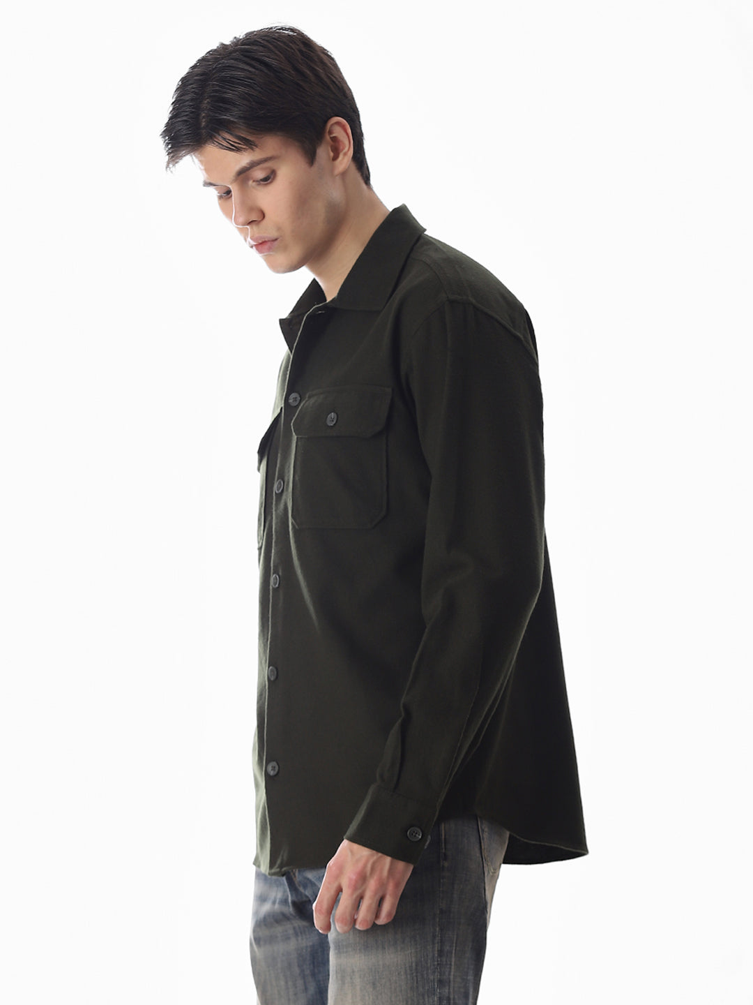 Men's Green Solid Oversized Shacket Shirt With Flap Pockets