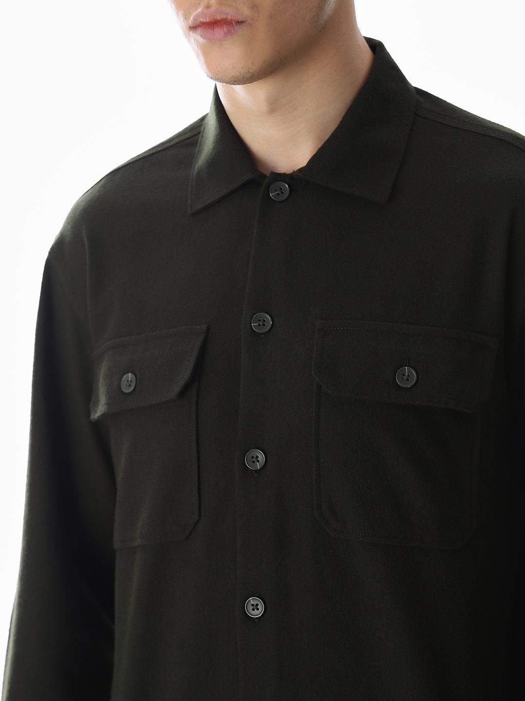 Men's Green Solid Oversized Shacket Shirt With Flap Pockets