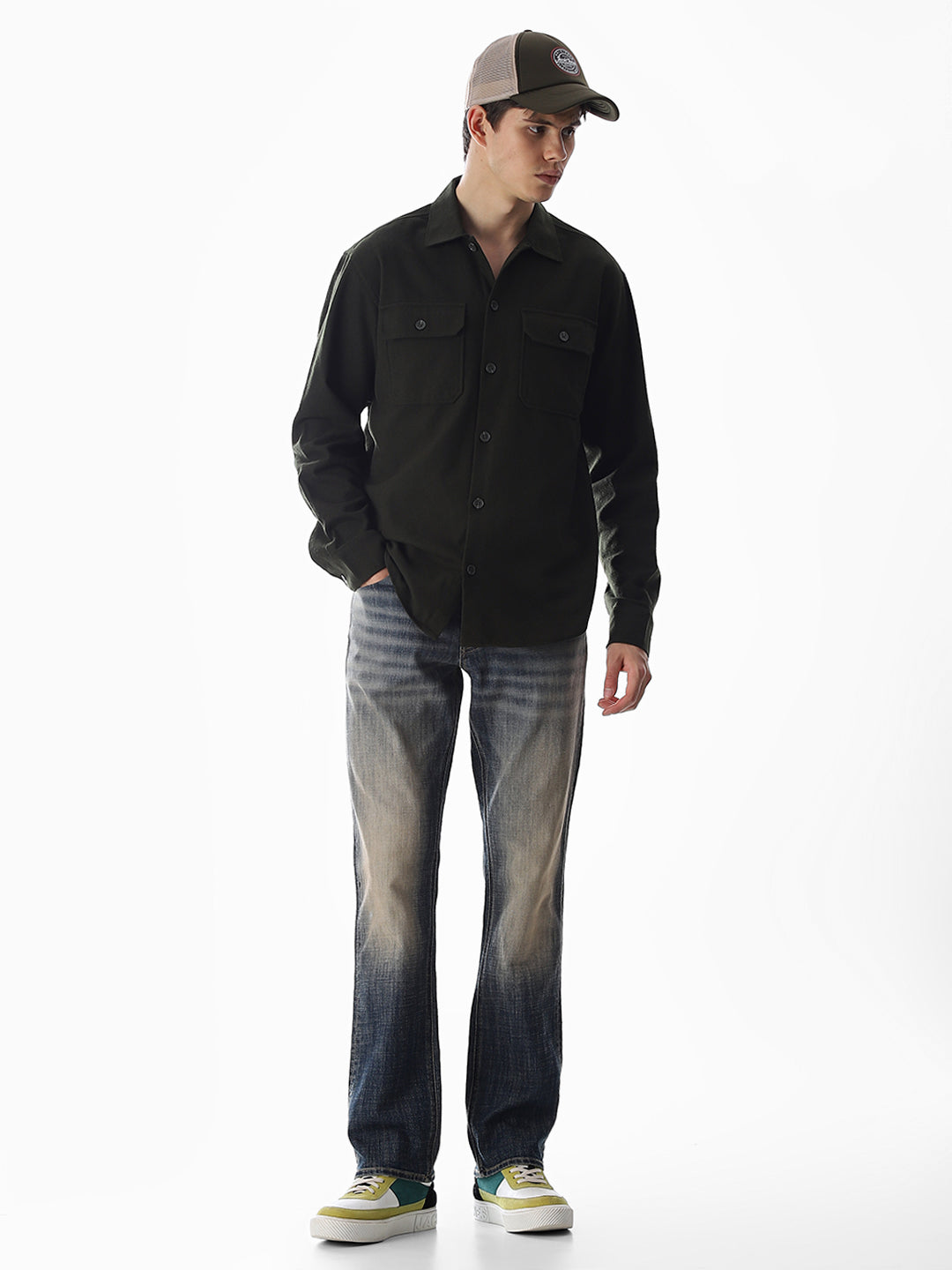 Men's Green Solid Oversized Shacket Shirt With Flap Pockets