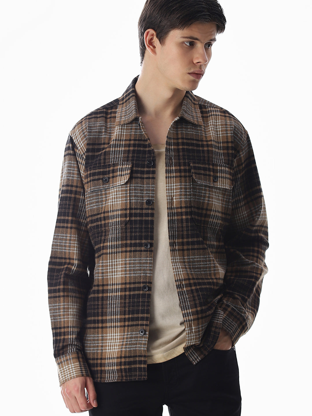 Check Oversized Overshirt - Dark Brown