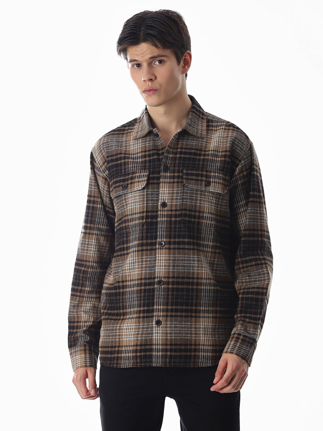 Check Oversized Overshirt - Dark Brown