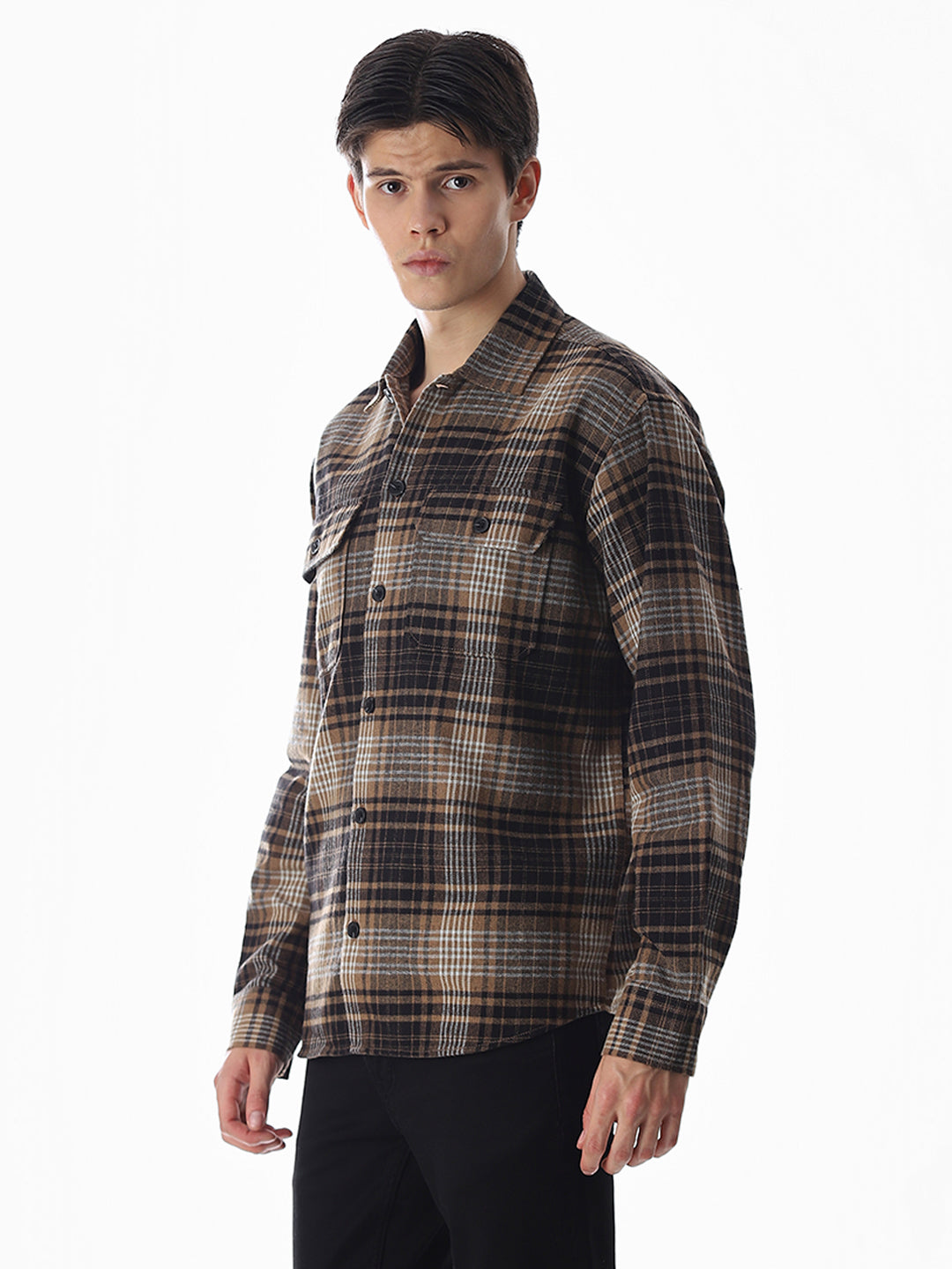 Check Oversized Overshirt - Dark Brown
