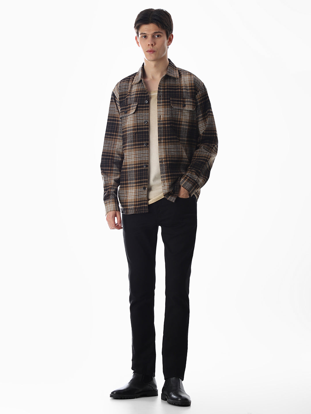 Check Oversized Overshirt - Dark Brown