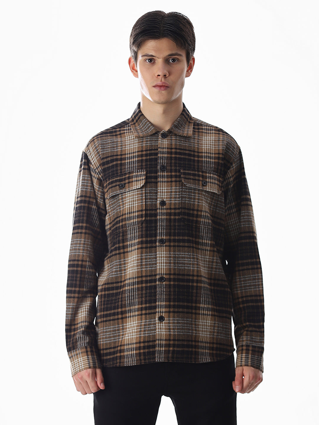 Check Oversized Overshirt - Dark Brown