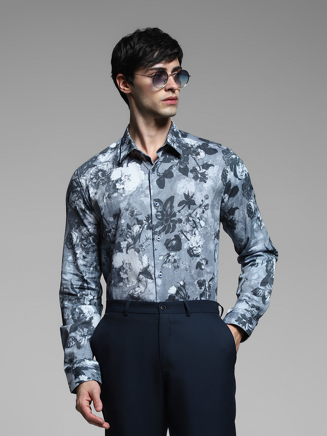Grey Floral Cotton Shirt
