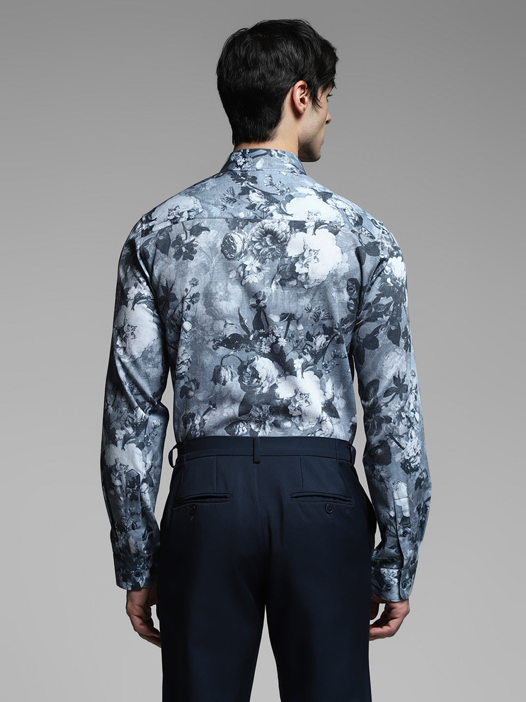 Grey Floral Print Cotton Shirt