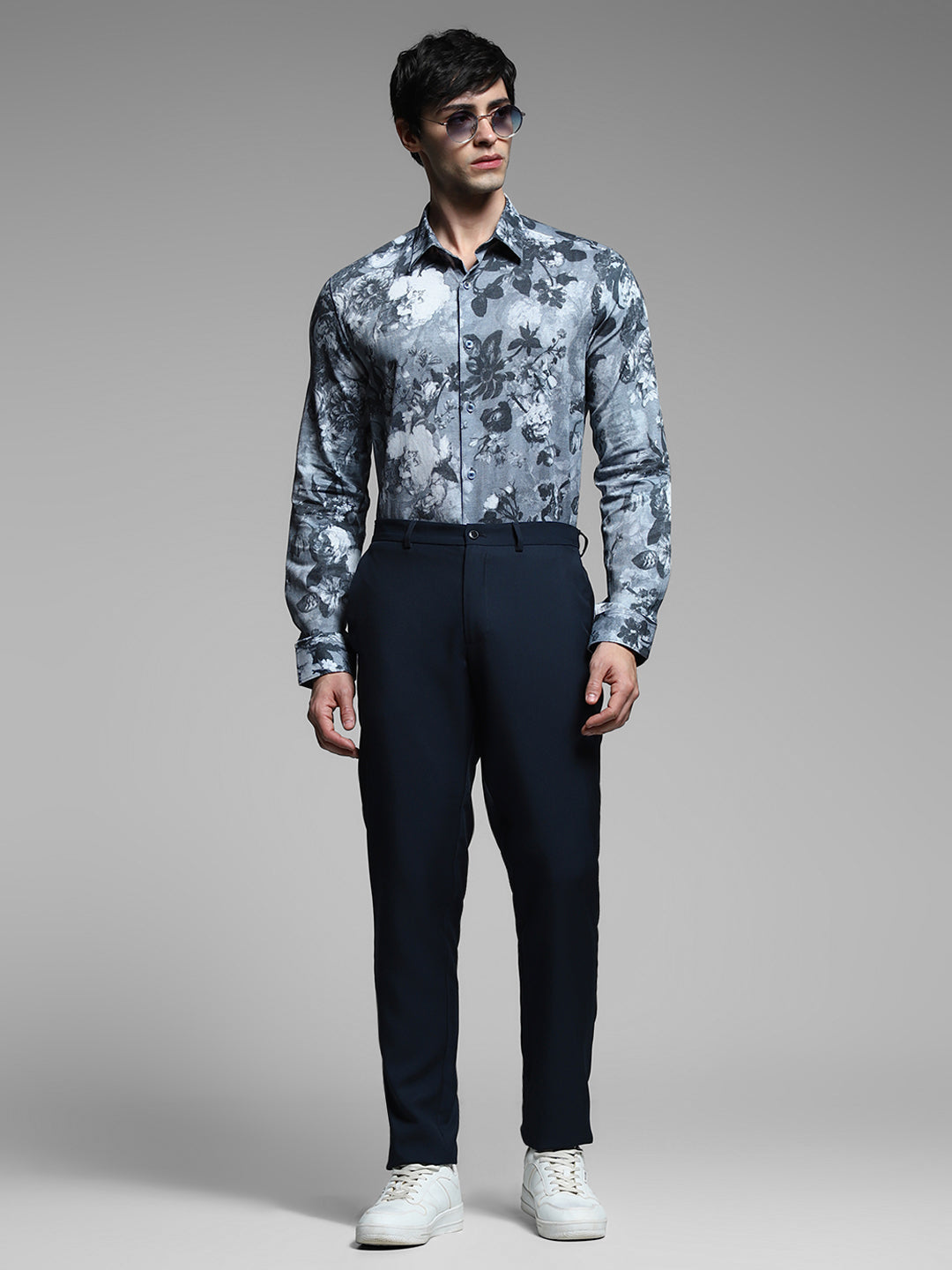 Grey Floral Print Cotton Shirt