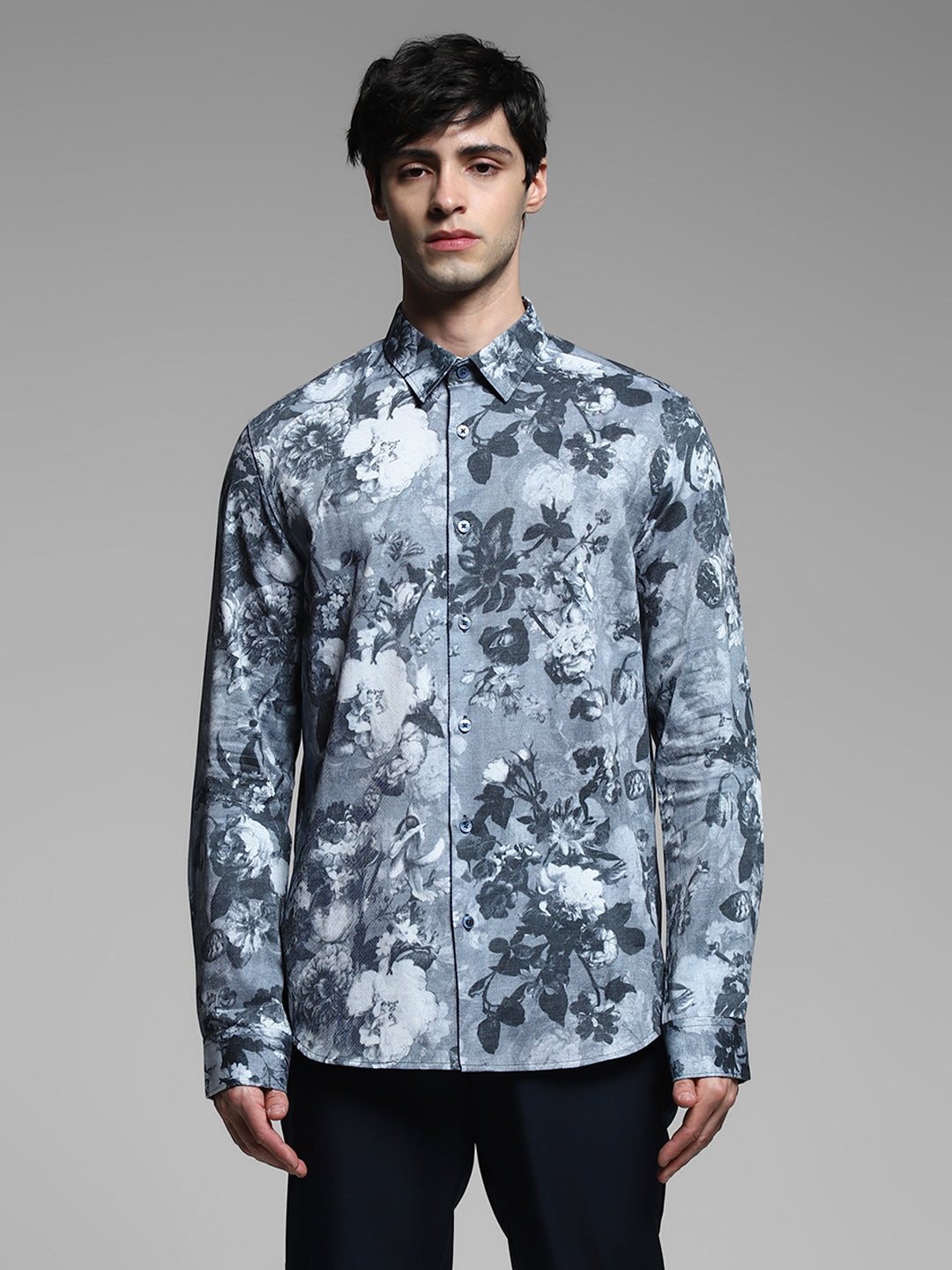 Grey Floral Print Cotton Shirt