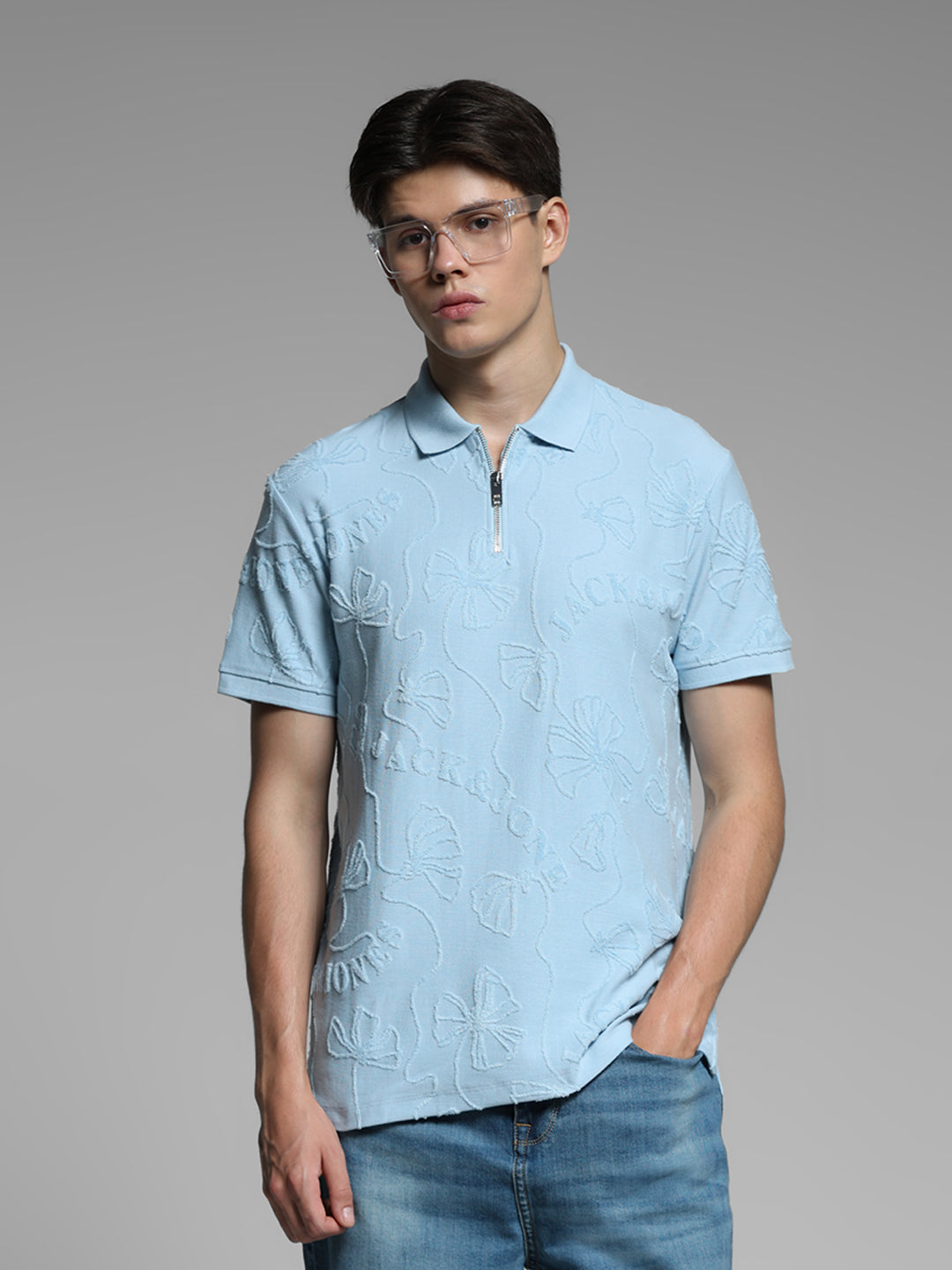 Blue Floral Embroidery Polo - S
