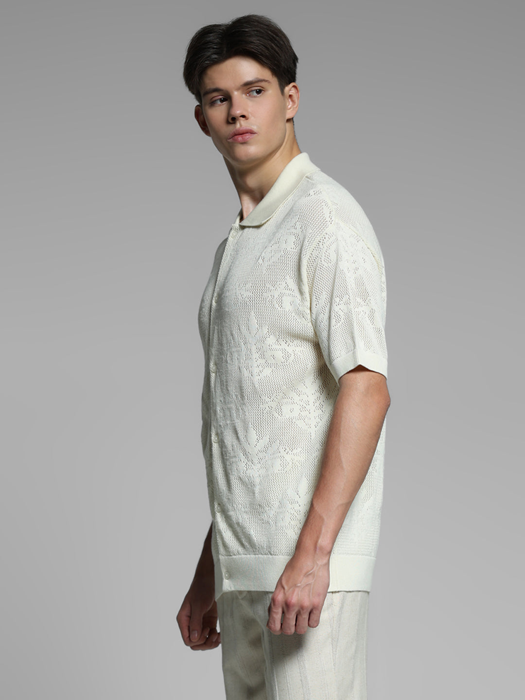 White Jacquard Front Open Polo