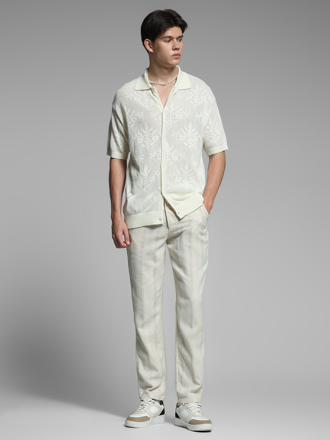 White Jacquard Front Open Polo