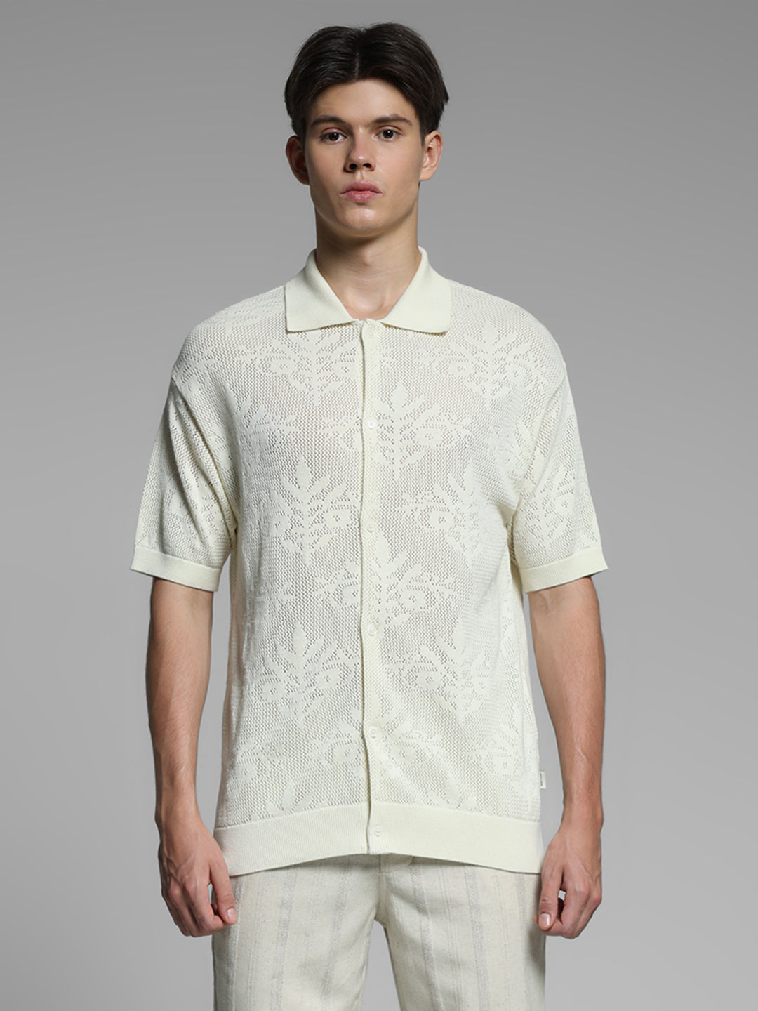 White Jacquard Front Open Polo