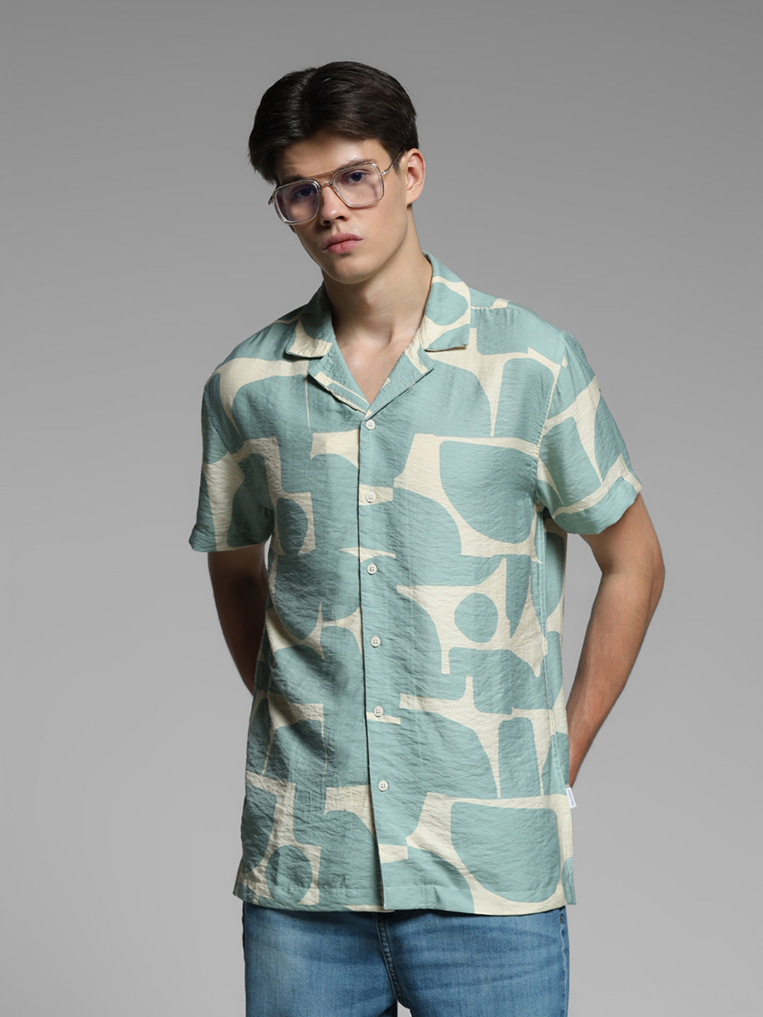 Green Printed Comfort Fit Shirt - S