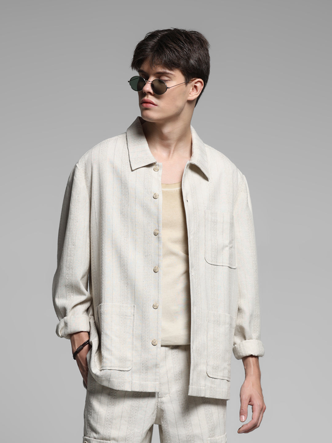 Cream Striped Oversized Shirt - S