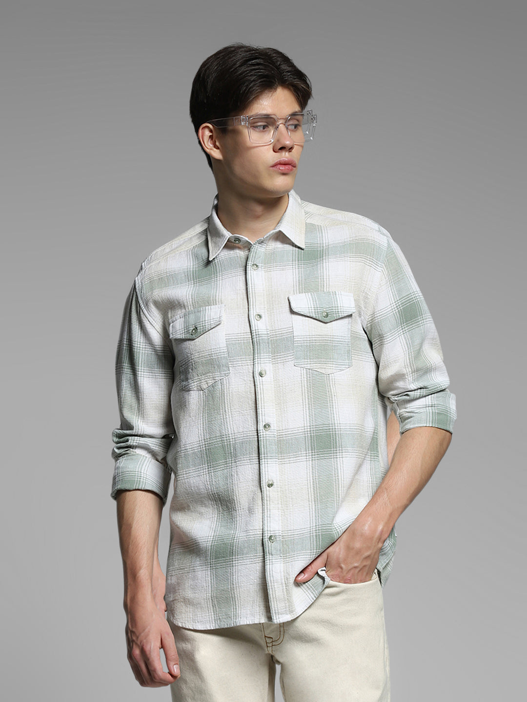 Light Green Check Linen Blend Shirt - M