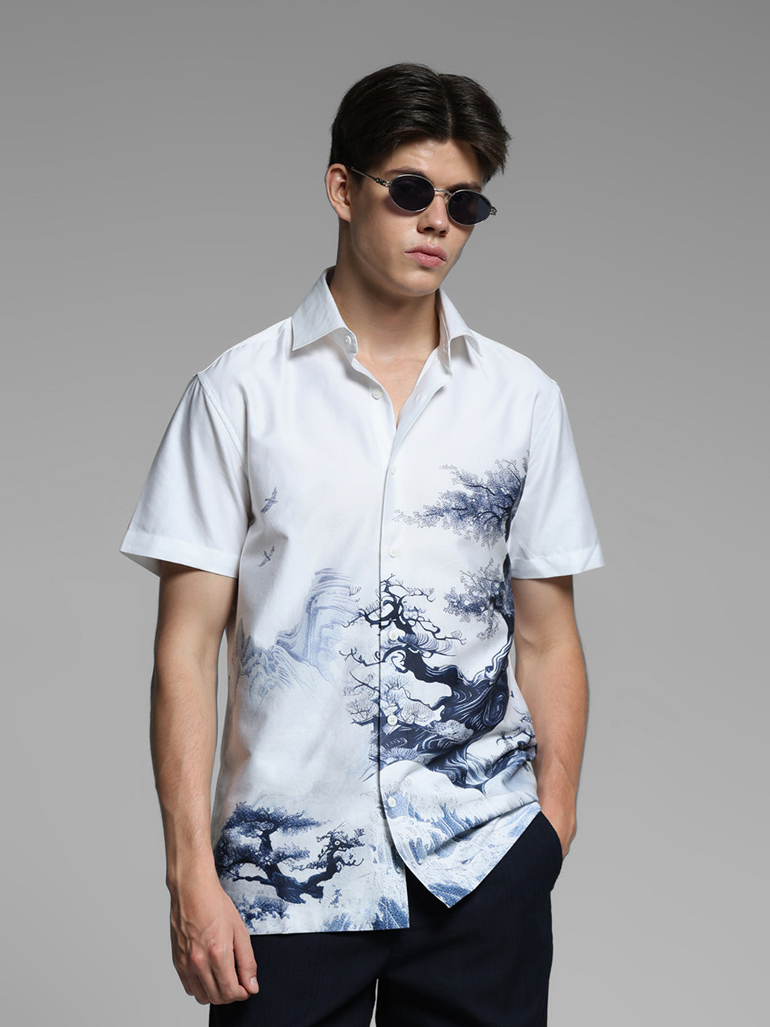 White Printed Comfort Fit Shirt - S