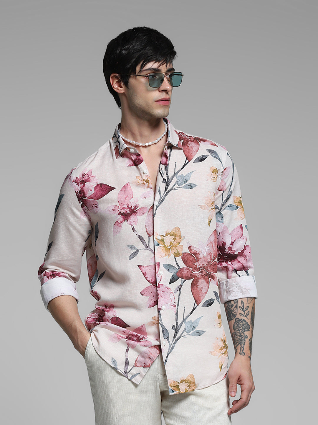 Orange Floral Linen Blend Shirt - L